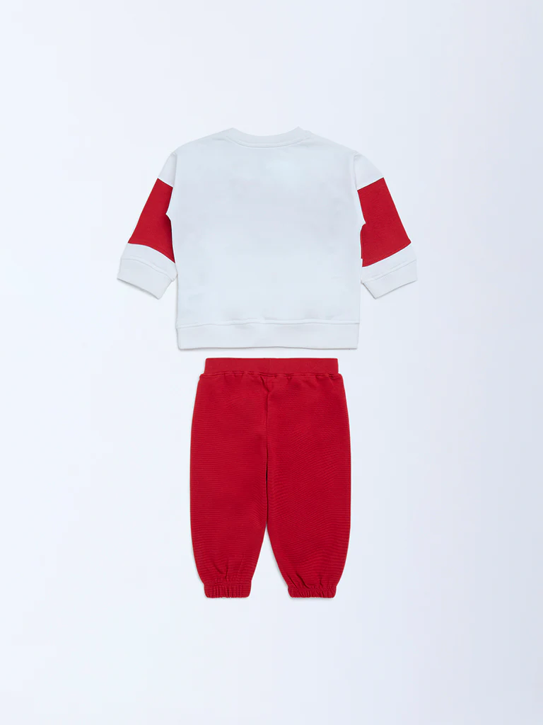 HOP Baby Boys Red Colour-Blocked Cotton Sweatshirt and Joggers Set - Image 3