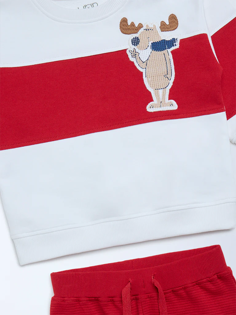 HOP Baby Boys Red Colour-Blocked Cotton Sweatshirt and Joggers Set - Image 4