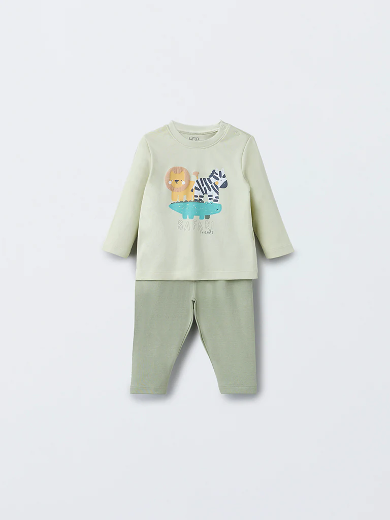 HOP Baby Boys Sage Animal Design Cotton T-Shirt with Pants Set - Image 2