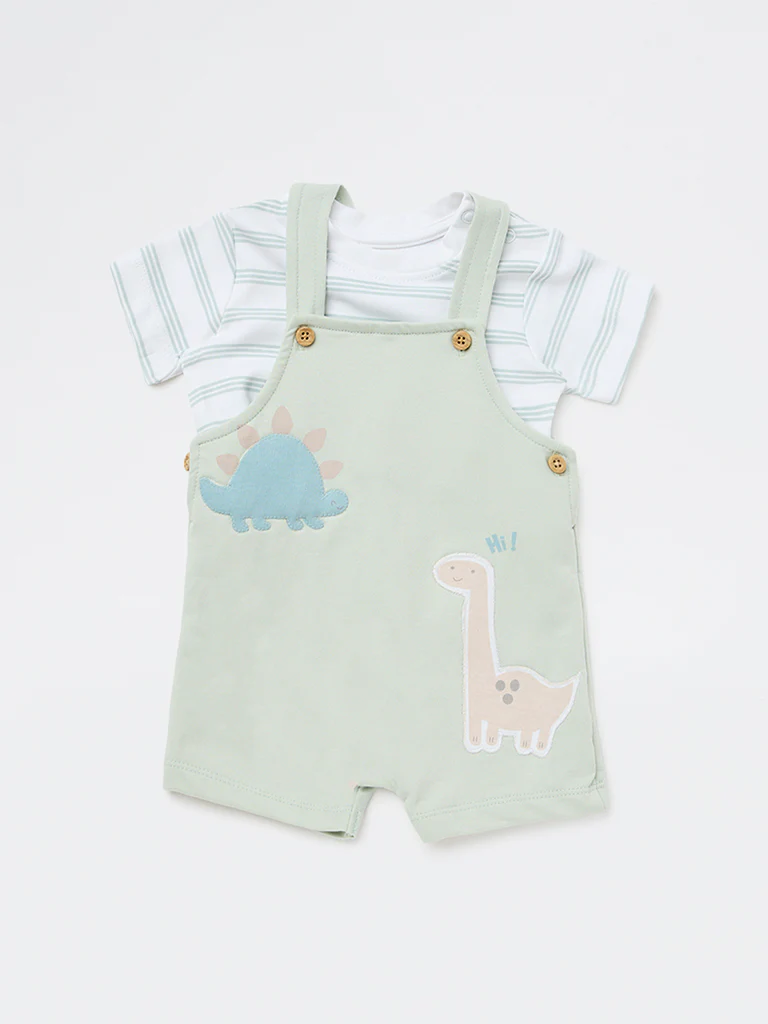 HOP Baby Boys Sage Animal Printed Cotton Dungaree and T-Shirt Set - Image 2