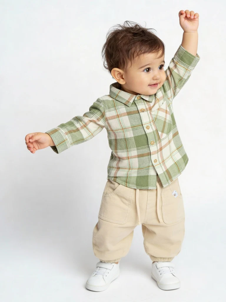 HOP Baby Boys Sage Checkered Cotton Shirt