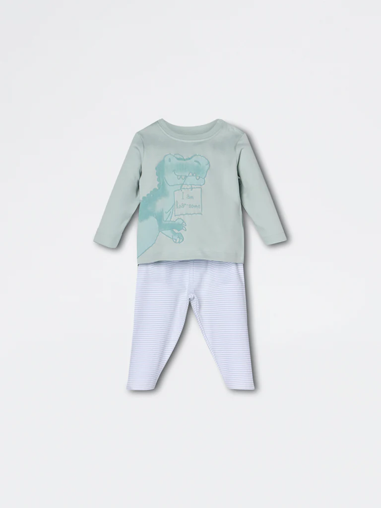 HOP Baby Boys Sage Dinosaur Pattern Cotton Co-ord Set - Exclusive - Image 2