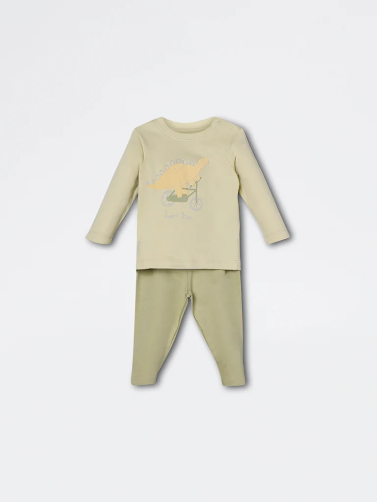 HOP Baby Boys Sage Dinosaur Printed Cotton Co-ord Set - Exclusive - Image 2