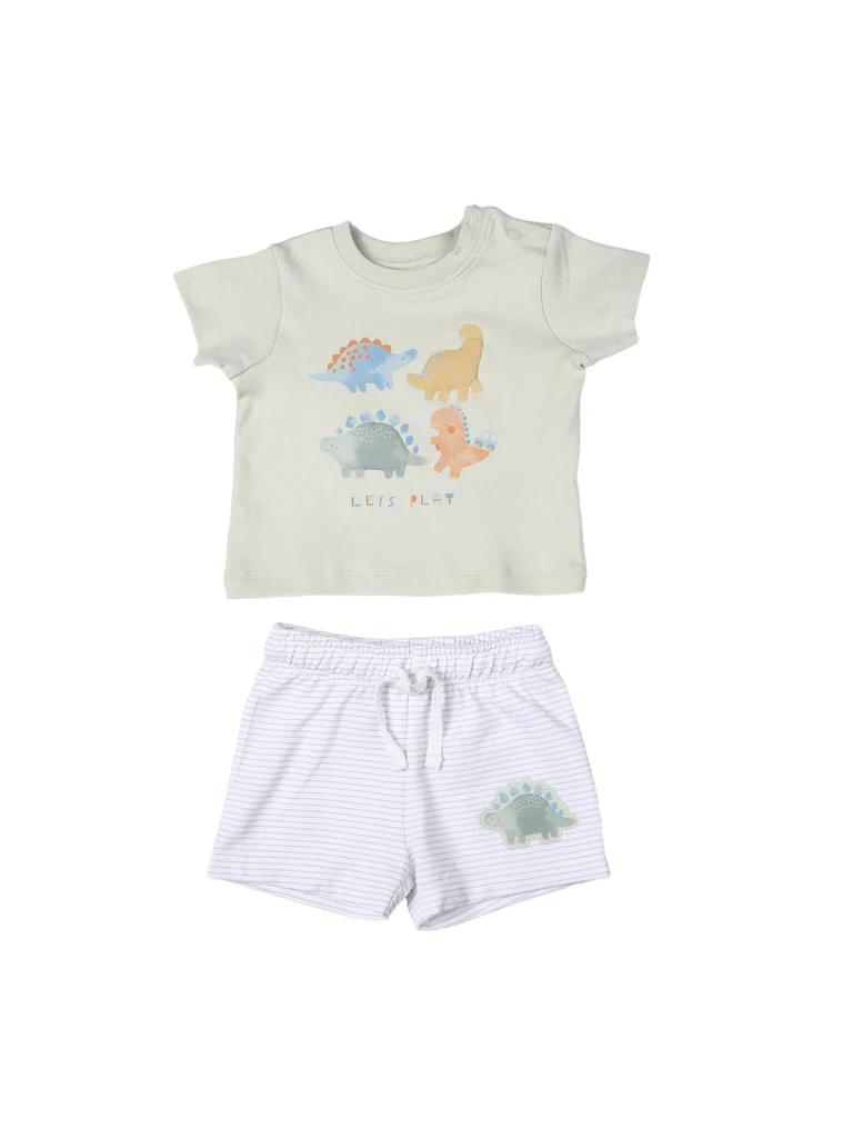 HOP Baby Boys Sage Dinosaur Printed Cotton T-Shirt and Shorts Set - Image 3