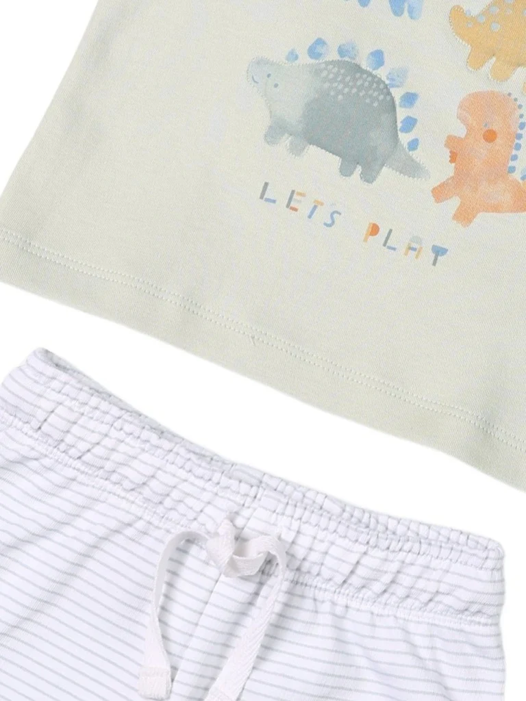 HOP Baby Boys Sage Dinosaur Printed Cotton T-Shirt and Shorts Set - Image 5