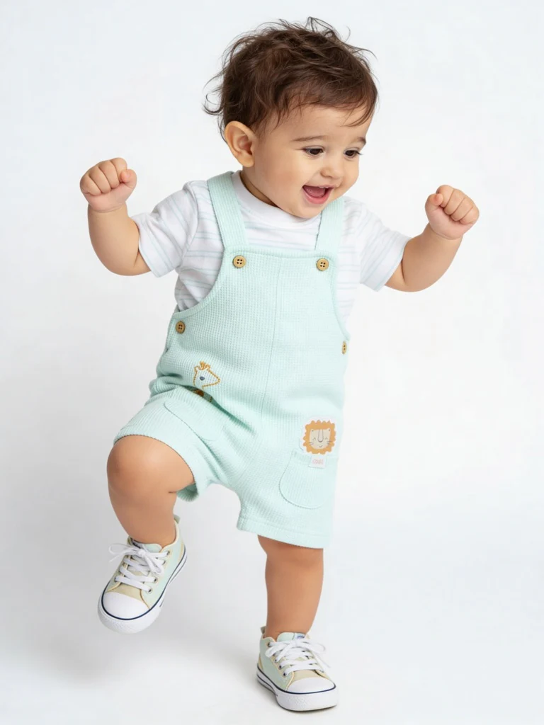 HOP Baby Boys Sage Embroidered Cotton Dungaree with T-Shirt Set