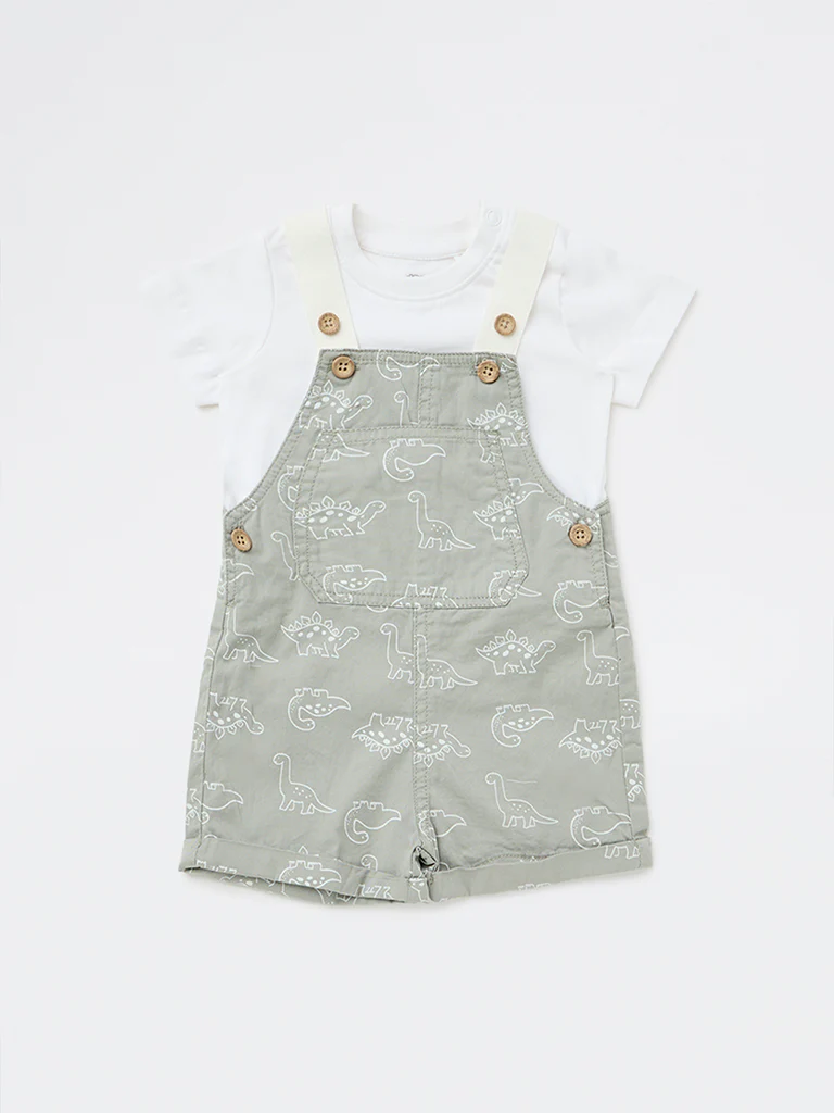 HOP Baby Boys Sage Printed Cotton Dungaree with T-Shirt Set - Image 2