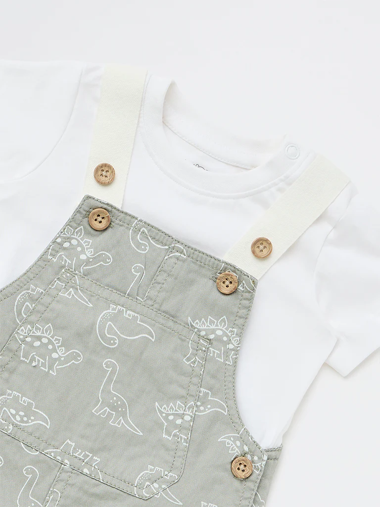 HOP Baby Boys Sage Printed Cotton Dungaree with T-Shirt Set - Image 4