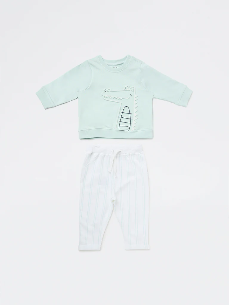 HOP Baby Boys Sage Printed Cotton Sweatshirt and Pants Set - Image 2