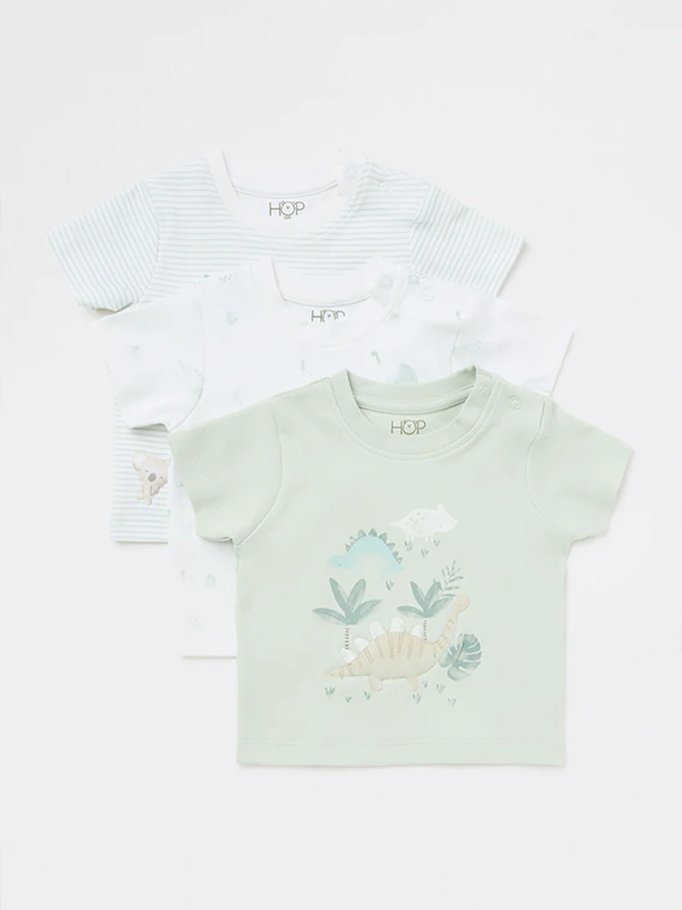 HOP Baby Boys Sage Printed Cotton T-Shirts - Pack of 3 - Image 2