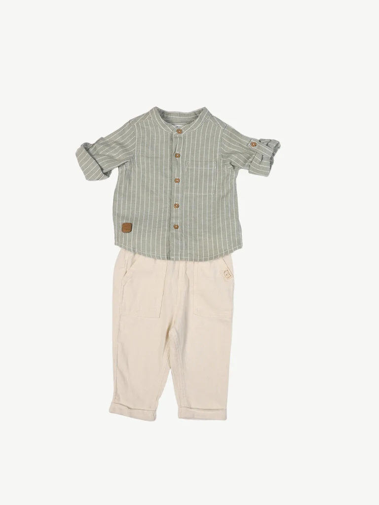 HOP Baby Boys Sage Striped Cotton-Blend Shirt and Pants Set - Image 2