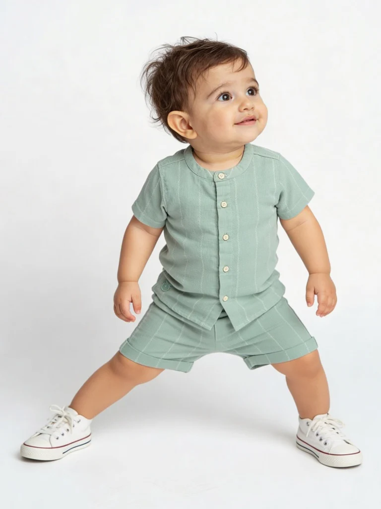 HOP Baby Boys Sage Striped Cotton Shirt and Shorts Set