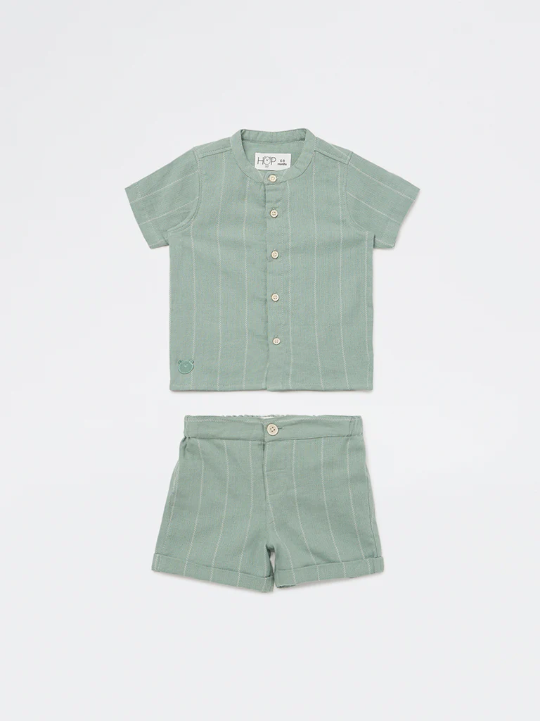 HOP Baby Boys Sage Striped Cotton Shirt and Shorts Set - Image 2