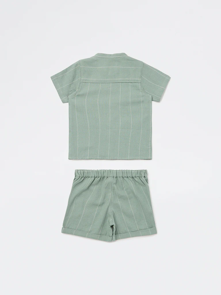 HOP Baby Boys Sage Striped Cotton Shirt and Shorts Set - Image 3