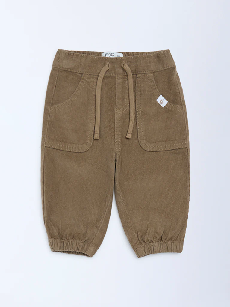 HOP Baby Boys Taupe Mid-Rise Corduroy Joggers - Image 3
