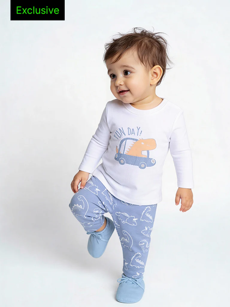 HOP Baby Boys White Animal Design Cotton T-Shirt and Pants Set - Exclusive
