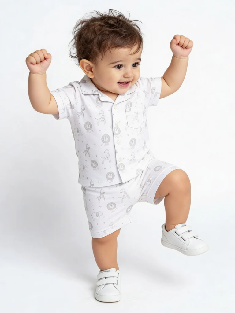 HOP Baby Boys White Animal Design SUPIMA Cotton Shirt and Shorts Set