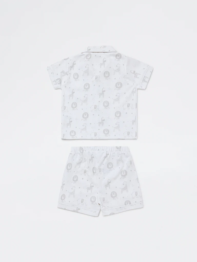 HOP Baby Boys White Animal Design SUPIMA Cotton Shirt and Shorts Set - Image 3