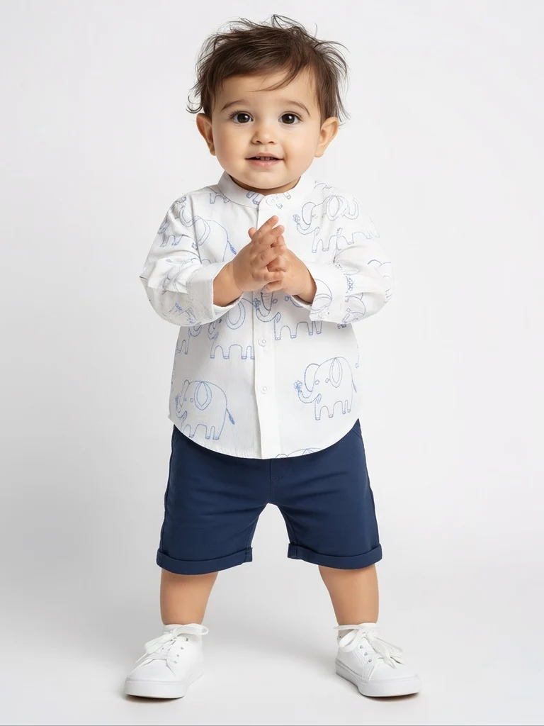HOP Baby Boys White Animal Embroidered Cotton Shirt