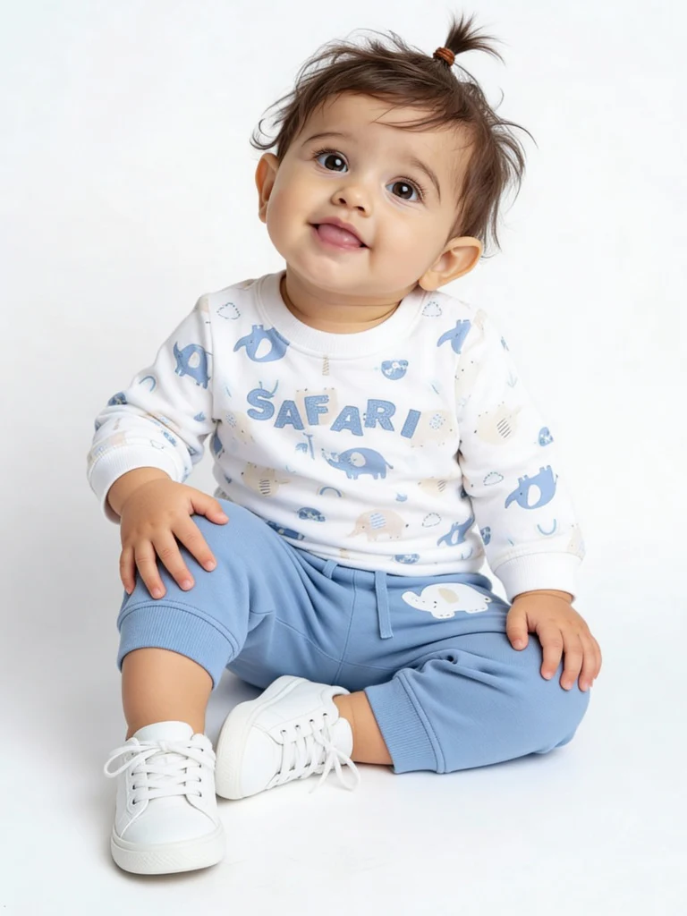 HOP Baby Boys White Animal Printed Cotton Sweatshirt and Pants Set