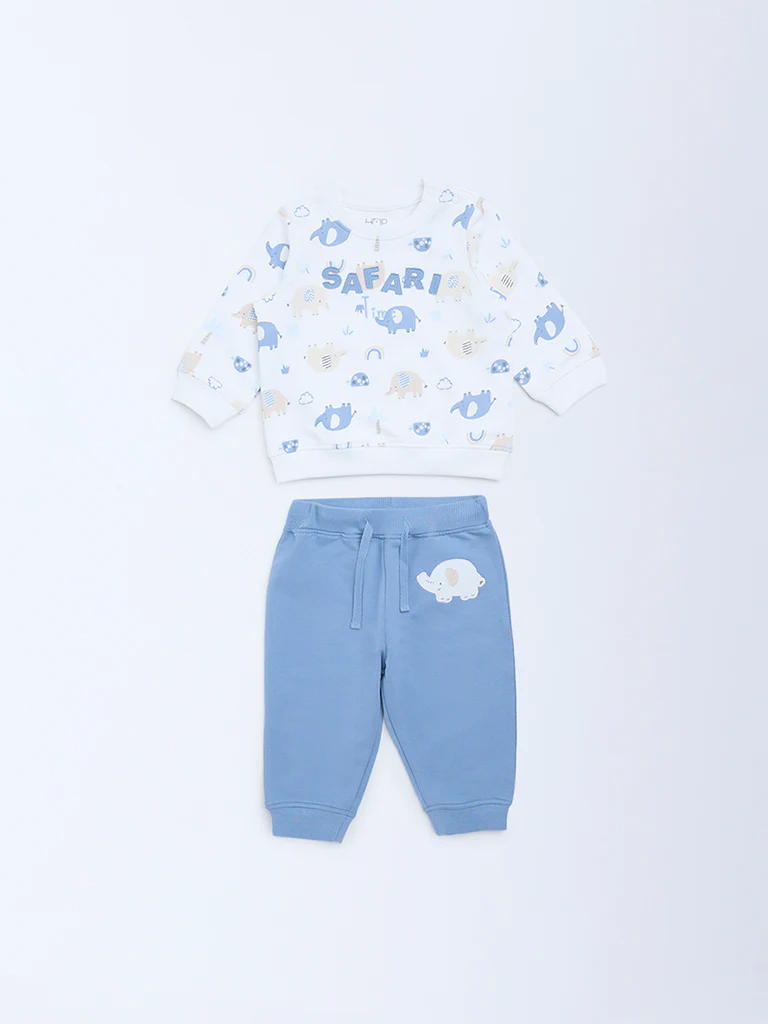 HOP Baby Boys White Animal Printed Cotton Sweatshirt and Pants Set - Image 2