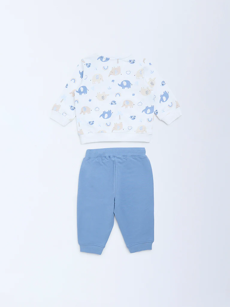HOP Baby Boys White Animal Printed Cotton Sweatshirt and Pants Set - Image 3