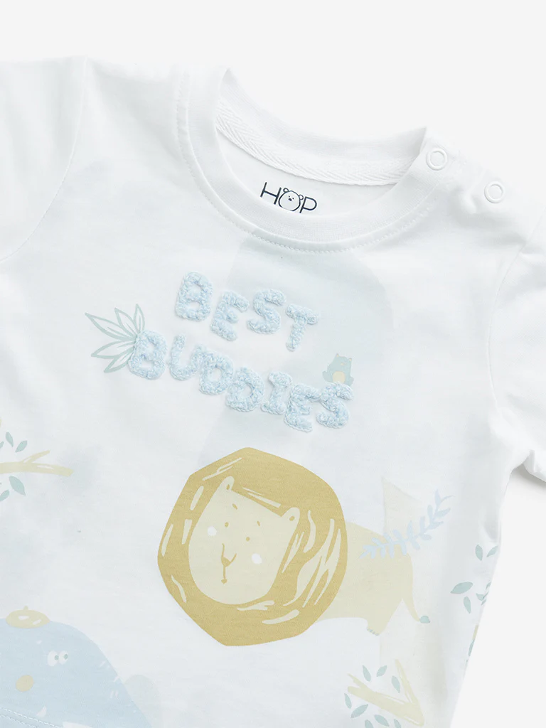 HOP Baby Boys White Animal Printed Cotton T-Shirt - Image 3