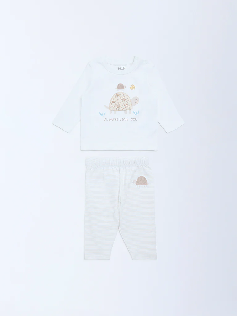 HOP Baby Boys White Animal Printed Cotton T-Shirt and Pants Set - Image 2