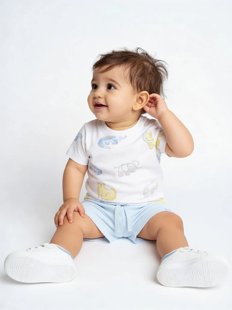 HOP Baby Boys White Animal Printed Cotton T-Shirt and Shorts Set