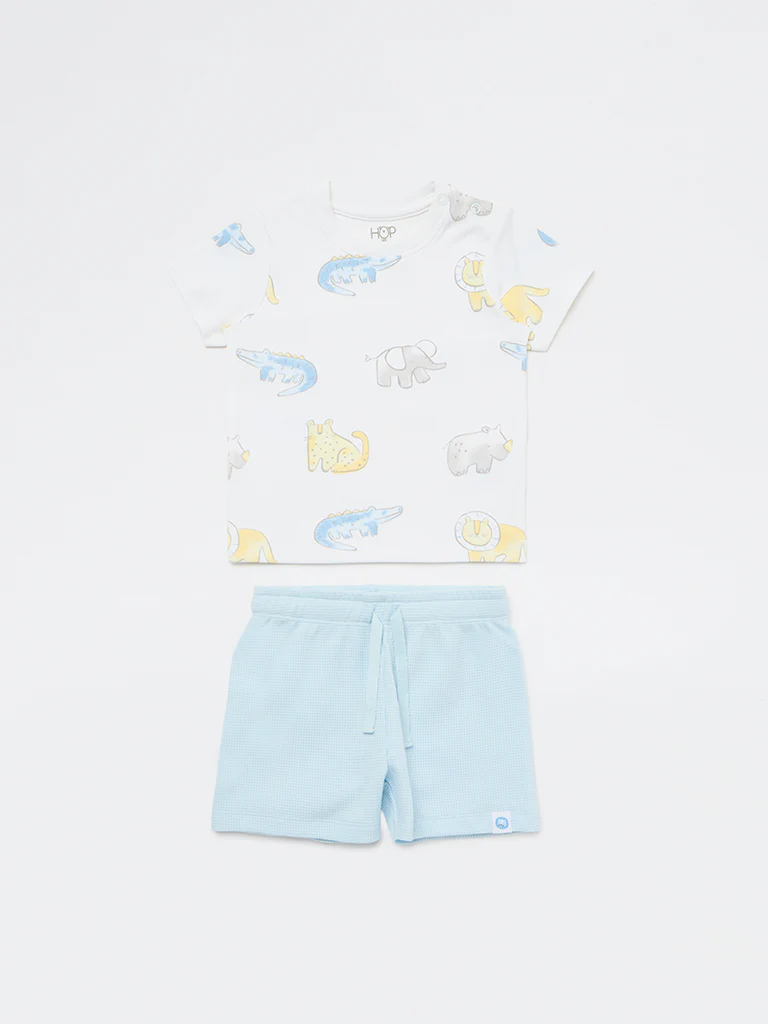 HOP Baby Boys White Animal Printed Cotton T-Shirt and Shorts Set - Image 2
