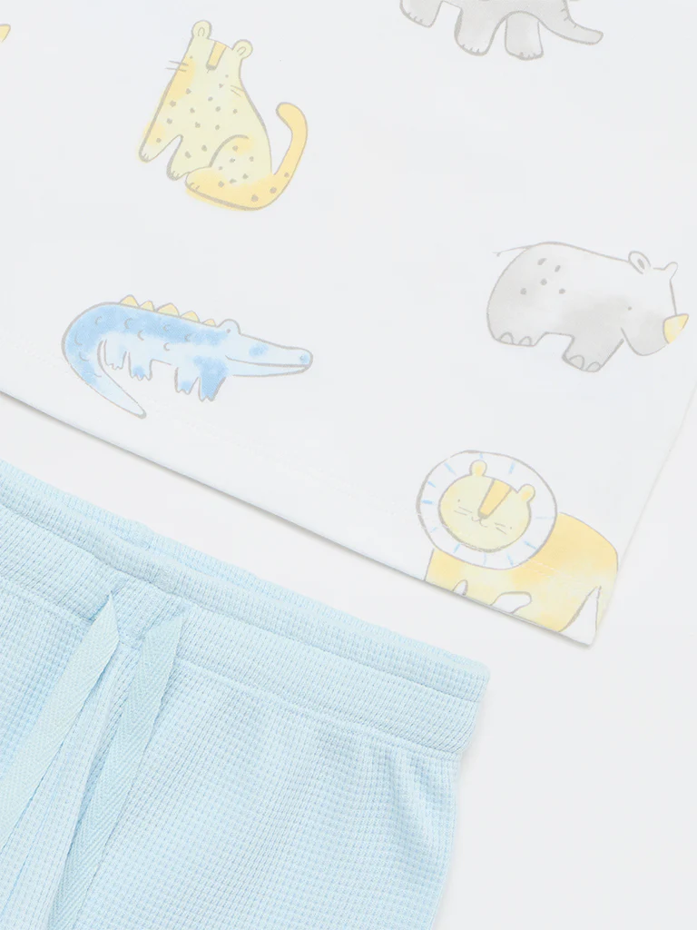 HOP Baby Boys White Animal Printed Cotton T-Shirt and Shorts Set - Image 4
