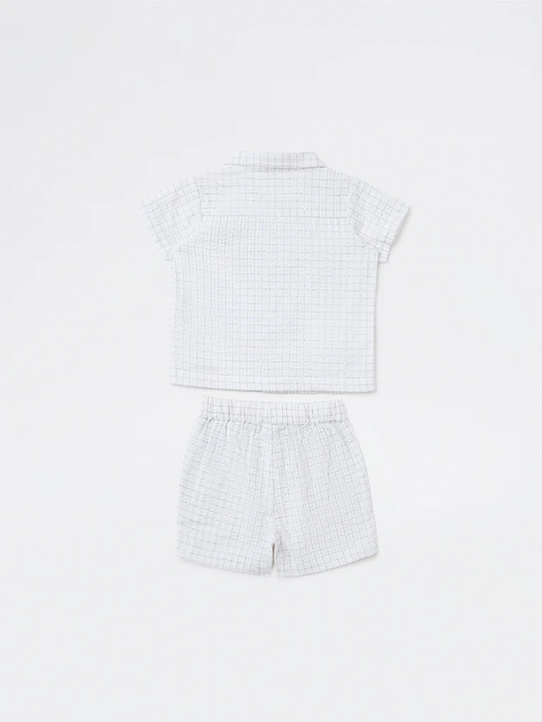 HOP Baby Boys White Checkered Cotton Shirt and Shorts Set - Image 3