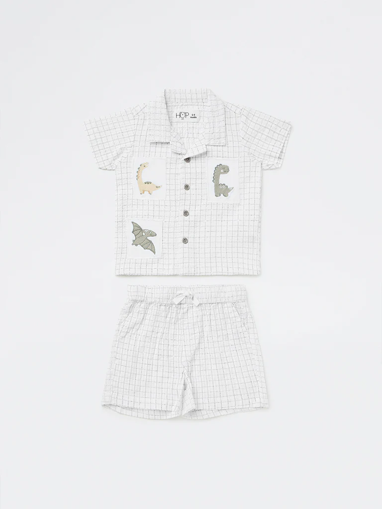 HOP Baby Boys White Checkered Cotton Shirt with Shorts Set - Image 2