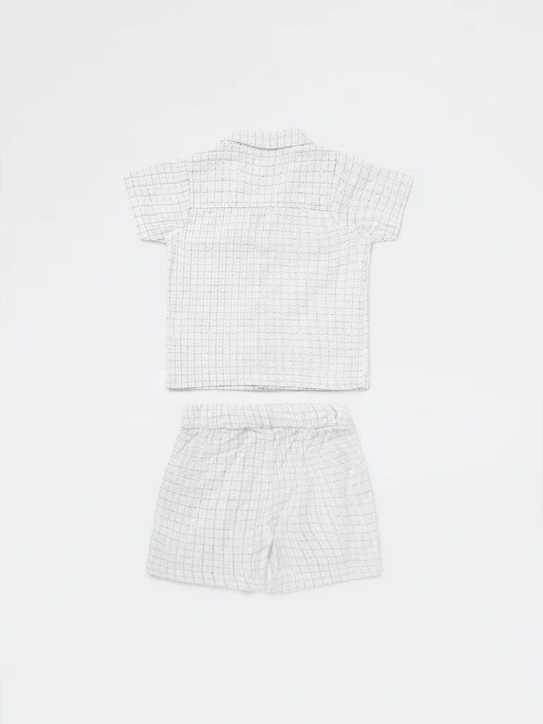 HOP Baby Boys White Checkered Cotton Shirt with Shorts Set - Image 3