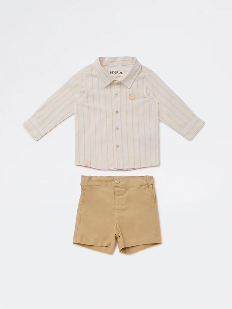 HOP Baby Boys White Cotton-Blend Shirt and Shorts Set - Image 2