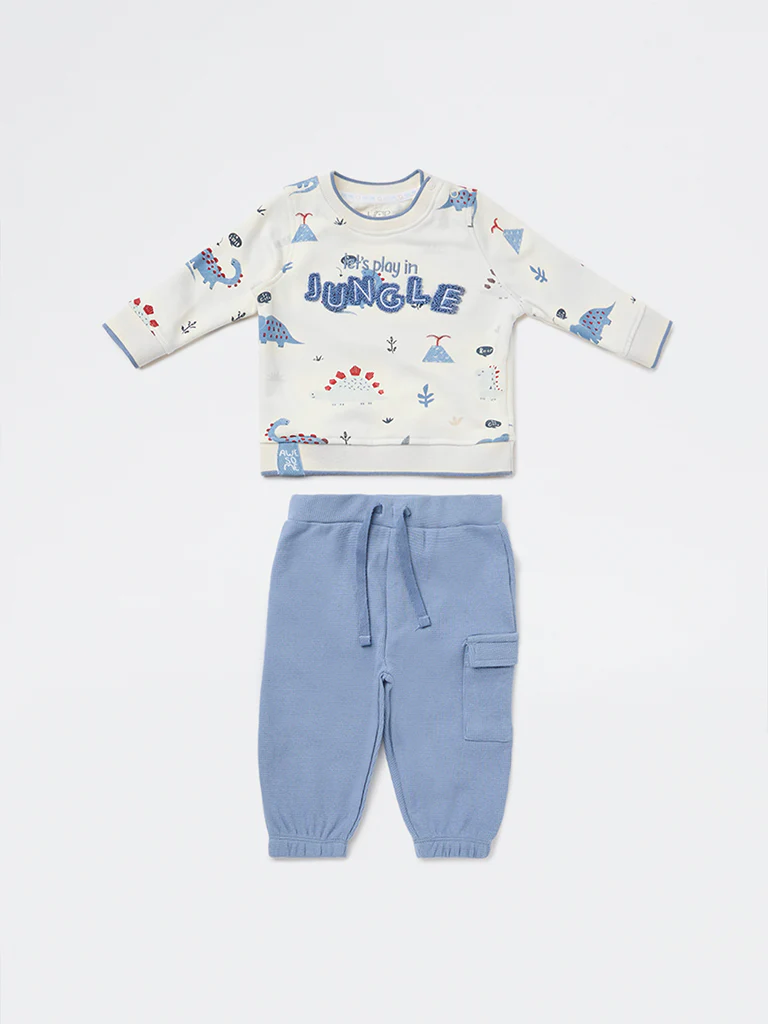 HOP Baby Boys White Cotton-Blend T-Shirt and Pants Set - Image 2