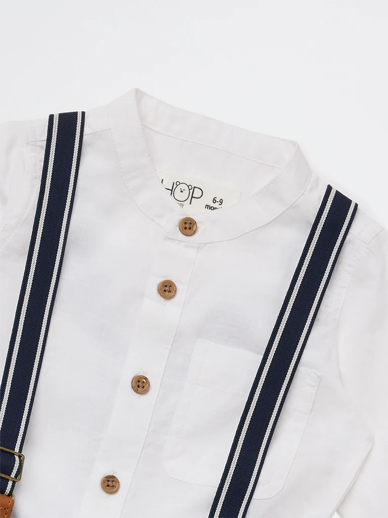 HOP Baby Boys White Cotton Shirt, Jeans, and Suspender Set - Image 4