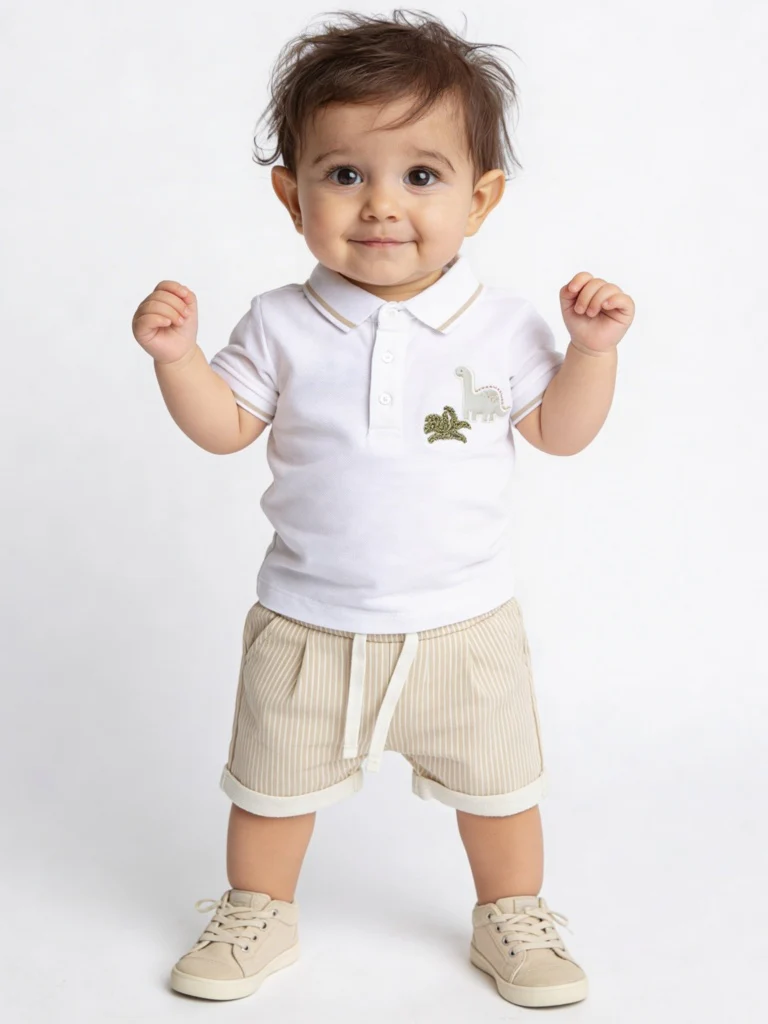 HOP Baby Boys White Cotton T-Shirt and Shorts Set
