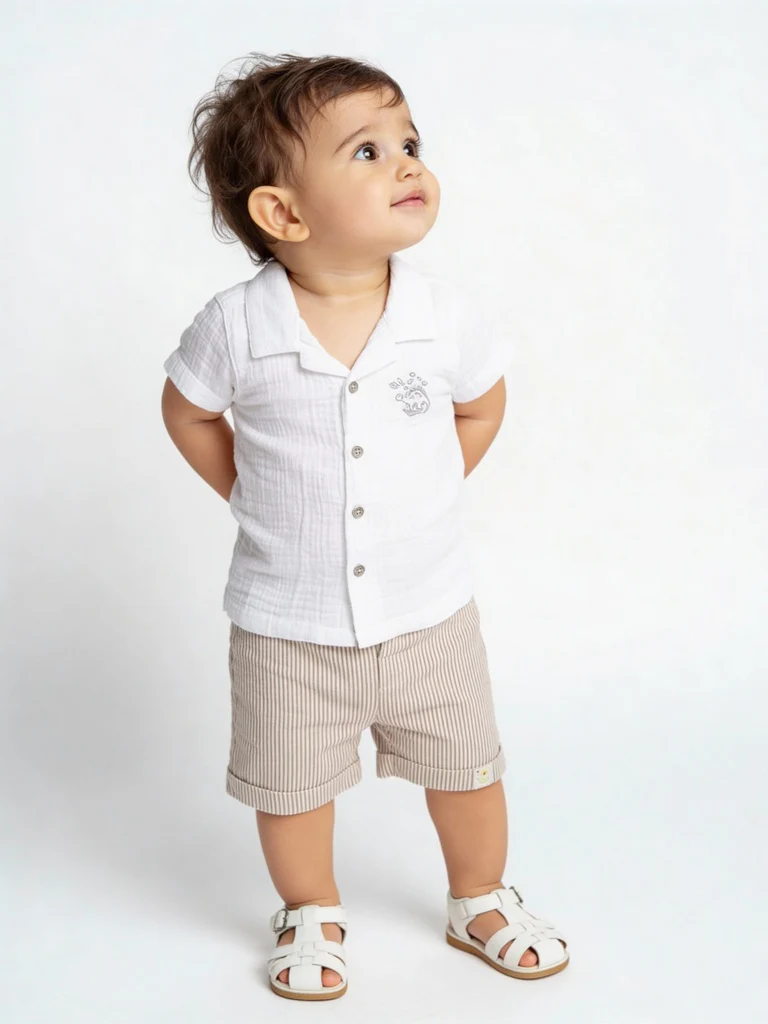 HOP Baby Boys White Crinkle-Textured Cotton Shirt and Shorts Set