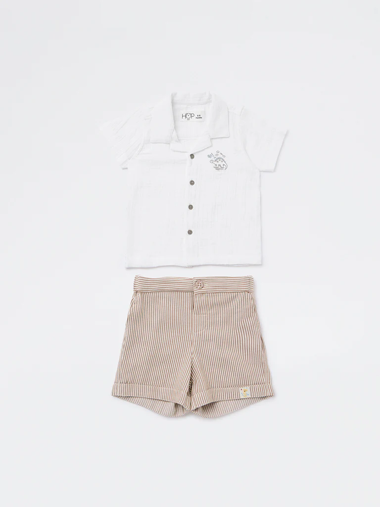 HOP Baby Boys White Crinkle-Textured Cotton Shirt and Shorts Set - Image 2