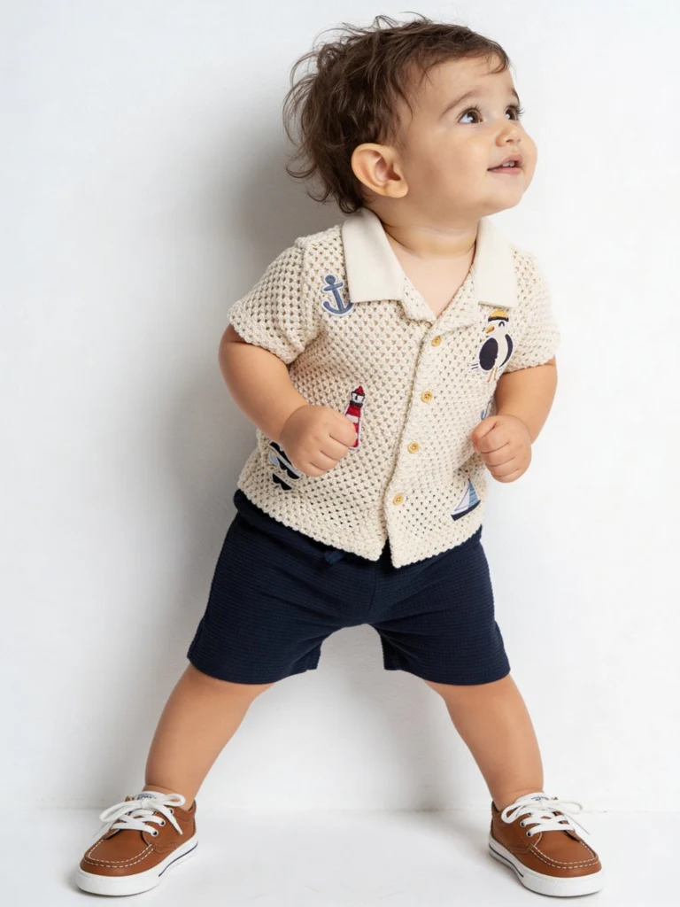 HOP Baby Boys White Crochet Cotton Shirt and Shorts Set