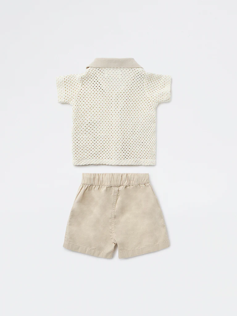 HOP Baby Boys White Crochet-Knit Cotton Shirt and Shorts Set - Image 3