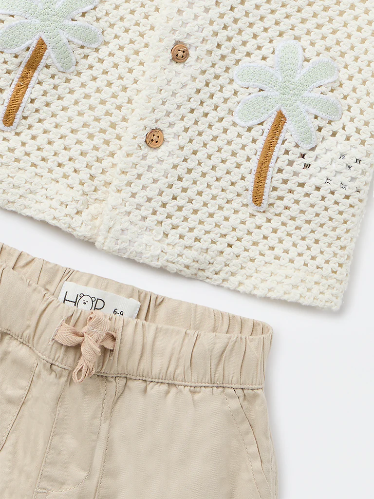HOP Baby Boys White Crochet-Knit Cotton Shirt and Shorts Set - Image 4