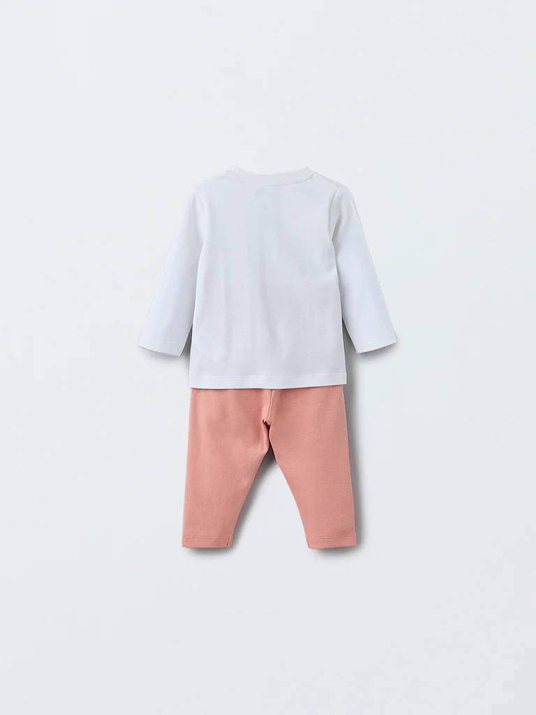 HOP Baby Boys White Dinosaur Design Cotton T-Shirt with Pants Set - Image 3