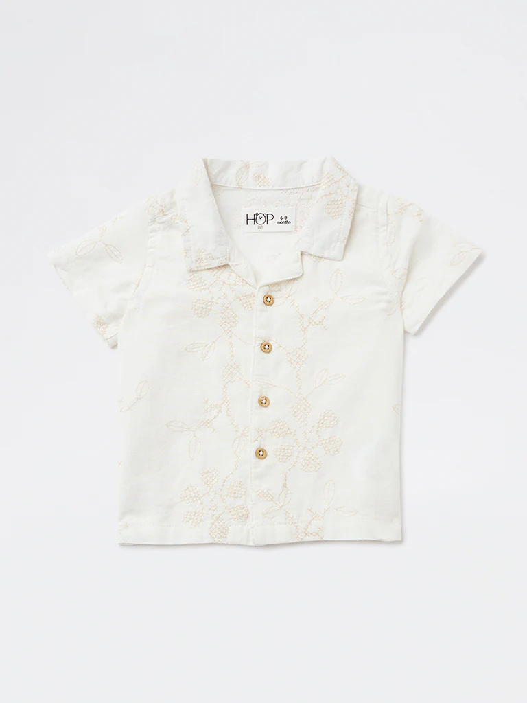 HOP Baby Boys White Embroidered Cotton-Blend Shirt - Image 2