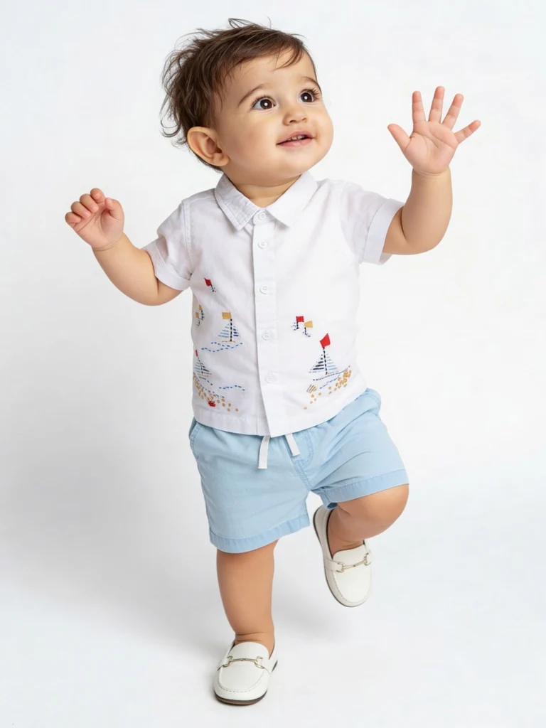 HOP Baby Boys White Embroidered Cotton-Blend Shirt and Shorts Set