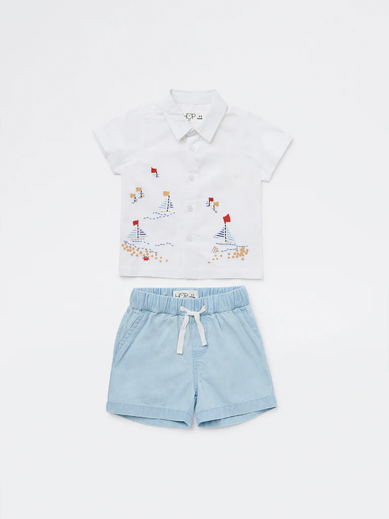 HOP Baby Boys White Embroidered Cotton-Blend Shirt and Shorts Set - Image 2