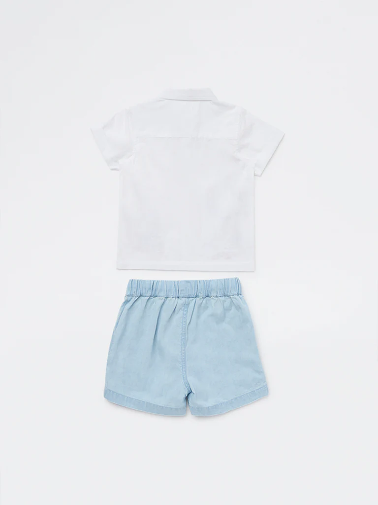 HOP Baby Boys White Embroidered Cotton-Blend Shirt and Shorts Set - Image 3