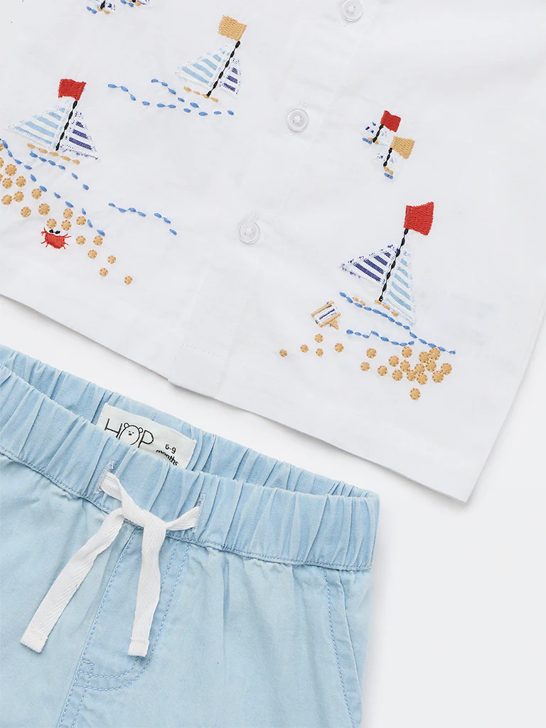 HOP Baby Boys White Embroidered Cotton-Blend Shirt and Shorts Set - Image 4