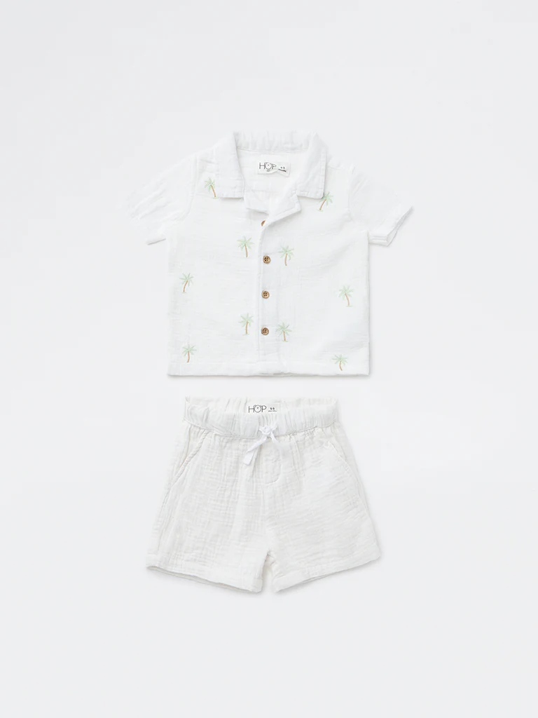 HOP Baby Boys White Embroidered Cotton Shirt and Shorts Set - Image 2